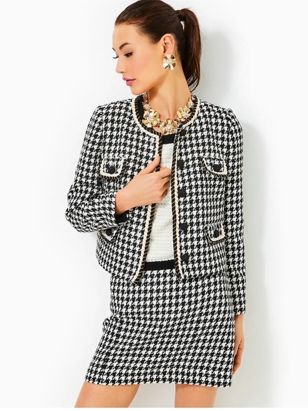 Lilly Pulitzer Corvina Boucle Jacket in Noir Houndstooth Sequin Boucle EUC